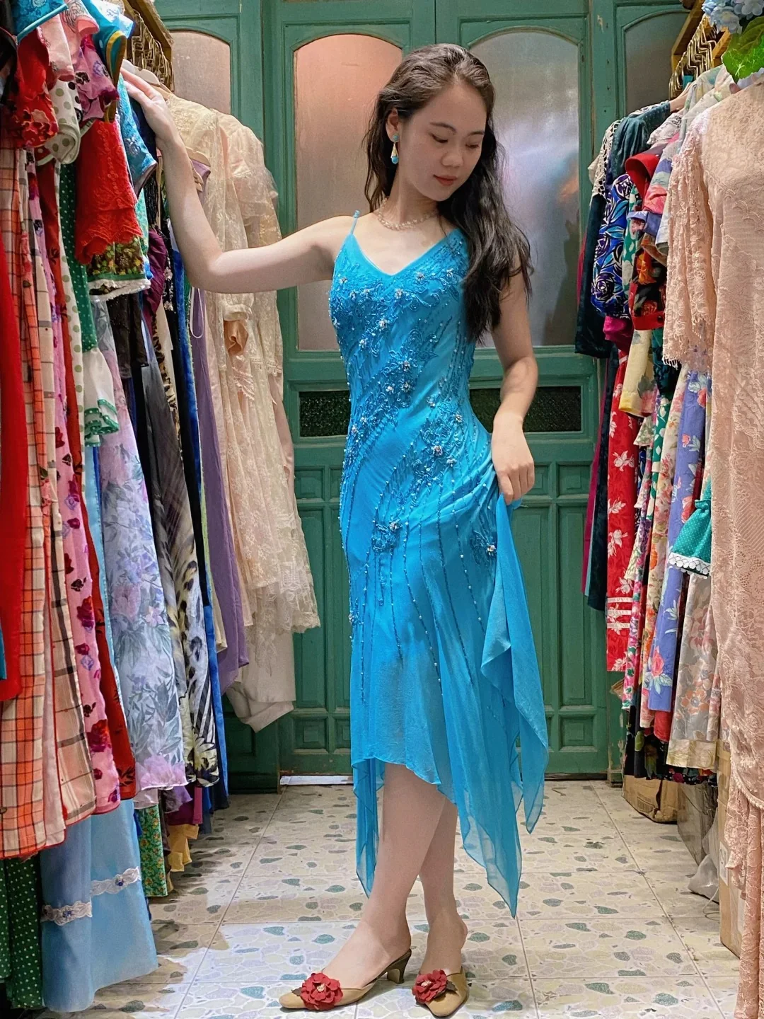 Elegant Blue Irregular Deep V Halter Beaded Chiffon Prom Dress Evening Dress P4118 - Image 3
