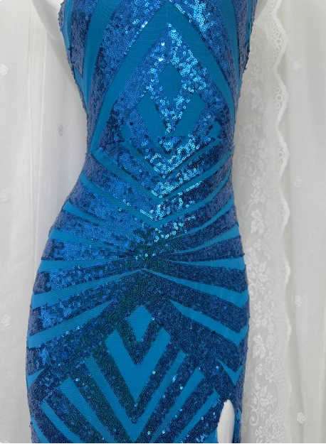 Elegant Blue Sequined Sling Slit Simple Long Prom Dress P3469 - Image 3