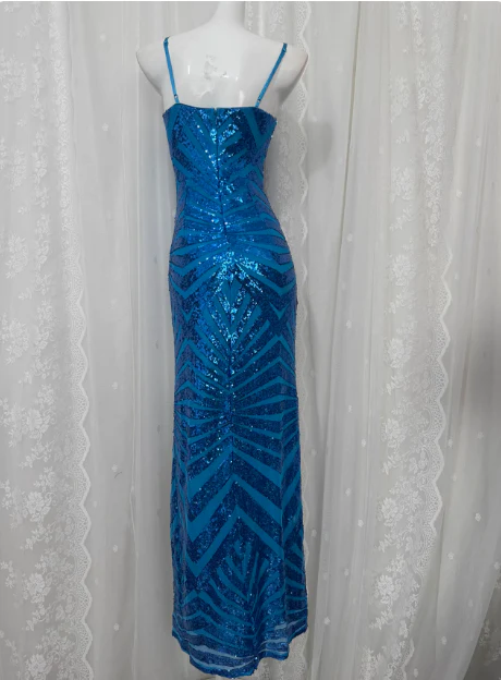 Elegant Blue Sequined Sling Slit Simple Long Prom Dress P3469 - Image 5