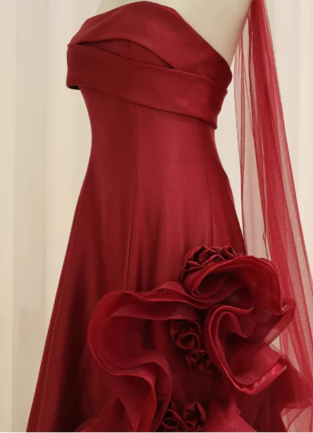 Elegant Burgundy 3D Floral Embellished Strapless Satin Long Prom Dress Evening Dress P4438 - Image 4