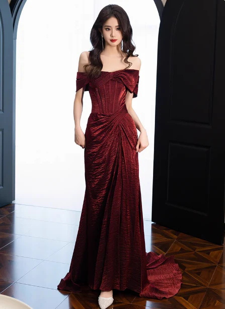 Elegant Burgundy Mermaid Off-the-shoulder Ruffled Satin Train Prom Dress Evening Dress P4433