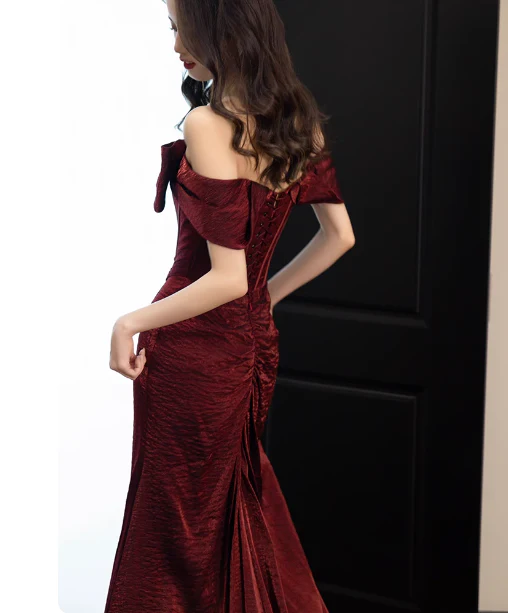 Elegant Burgundy Mermaid Off-the-shoulder Ruffled Satin Train Prom Dress Evening Dress P4433 - Image 5