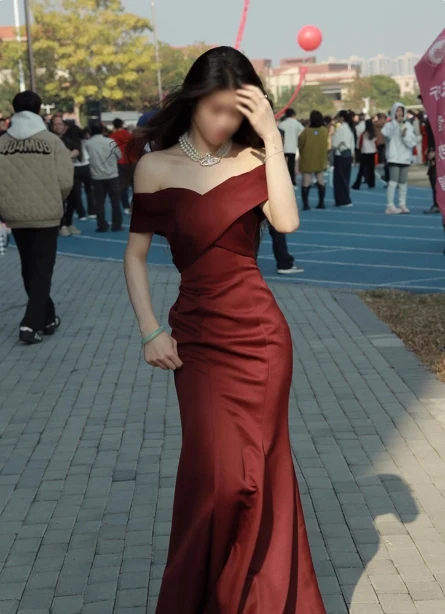 Elegant Burgundy Mermaid Off-the-Shoulder Satin Long Prom Dress Evening Dress P4376 - Image 2