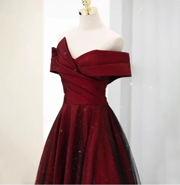 Elegant Burgundy Off-the-shoulder A-line Satin Tulle Long Prom Dress Evening Dress P4472 - Image 2