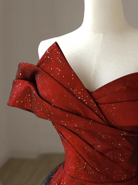 Elegant Burgundy Off-the-shoulder A-line Satin Tulle Long Prom Dress Evening Dress P4472 - Image 5