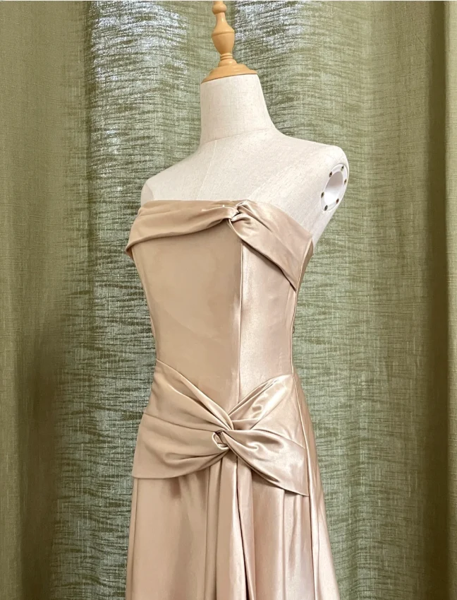 Elegant Champagne A-line Strapless Twisted Satin Long Prom Dress Evening Dress Bridesmaid Dress P4192 - Image 3
