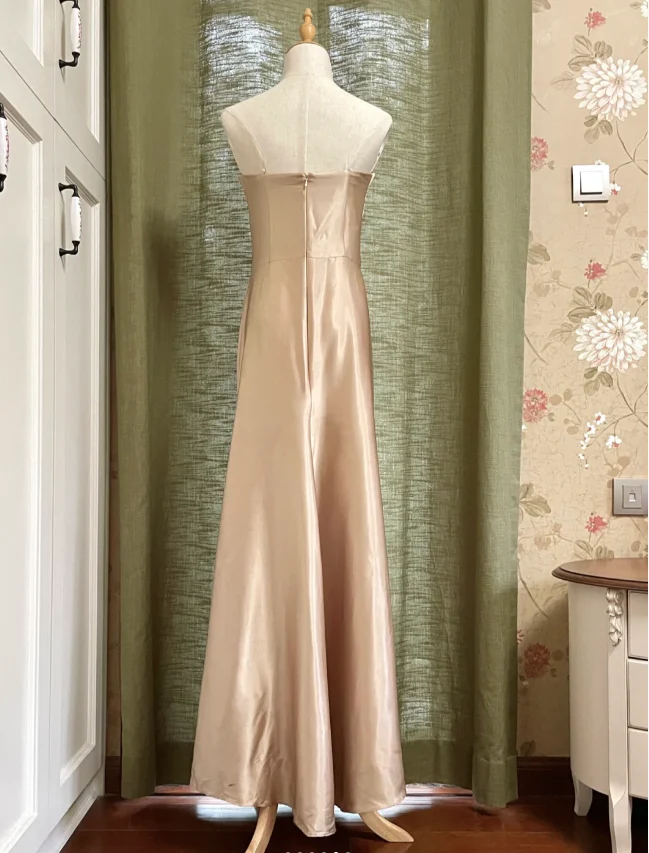Elegant Champagne A-line Strapless Twisted Satin Long Prom Dress Evening Dress Bridesmaid Dress P4192 - Image 6