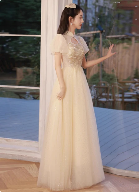 Elegant Champagne Apricot A-line Puff Sleeve Embroidered Tulle Long Prom Dress Evening Dress P4480 - Image 3