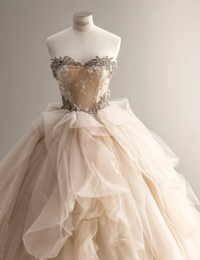 Elegant champagne color sweetheart neckline irregular pleated layered tulle A-line floor-length wedding dress P2872 - Image 2
