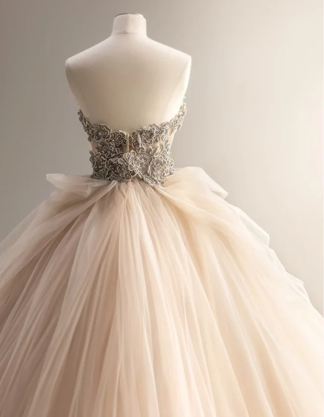 Elegant champagne color sweetheart neckline irregular pleated layered tulle A-line floor-length wedding dress P2872 - Image 3