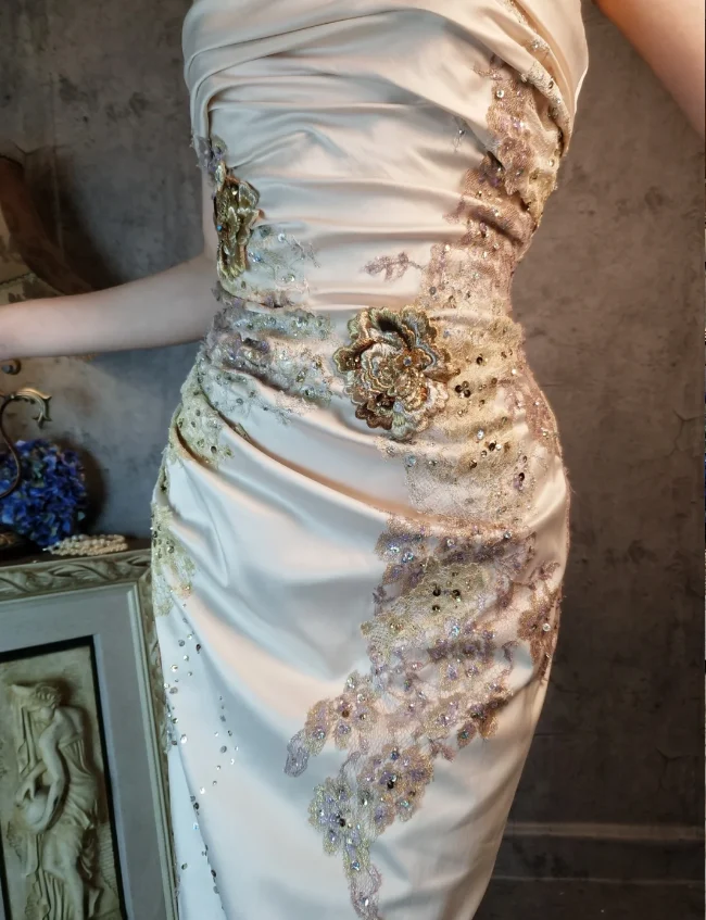 Elegant Champagne Fitted Spaghetti Strap Beaded Embroidered Satin Prom Dress Evening Dress P4315 - Image 3