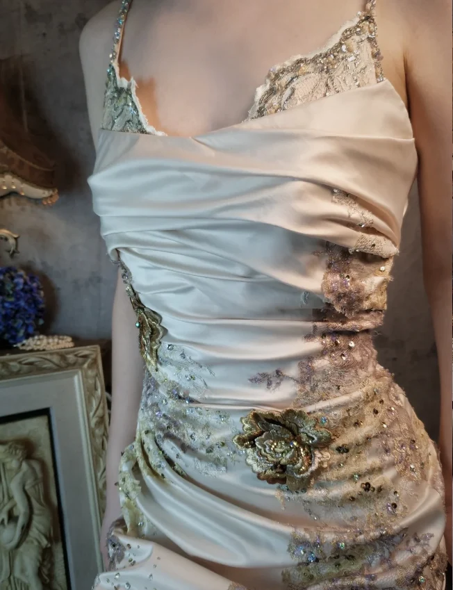 Elegant Champagne Fitted Spaghetti Strap Beaded Embroidered Satin Prom Dress Evening Dress P4315 - Image 5