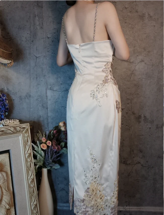 Elegant Champagne Fitted Spaghetti Strap Beaded Embroidered Satin Prom Dress Evening Dress P4315 - Image 8