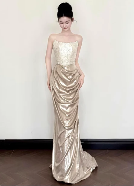 Elegant Champagne Gold Mermaid Strapless Ruffled Satin Train Prom Dress Evening Dress P4444