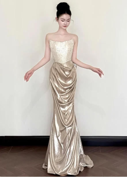 Elegant Champagne Gold Mermaid Strapless Ruffled Satin Train Prom Dress Evening Dress P4444 - Image 2