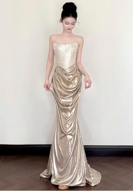 Elegant Champagne Gold Mermaid Strapless Ruffled Satin Train Prom Dress Evening Dress P4444 - Image 3