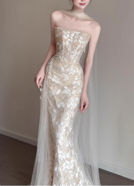 Elegant Champagne Mermaid Strapless Petal Tulle Long Prom Dress Evening Dress P4432 - Image 3