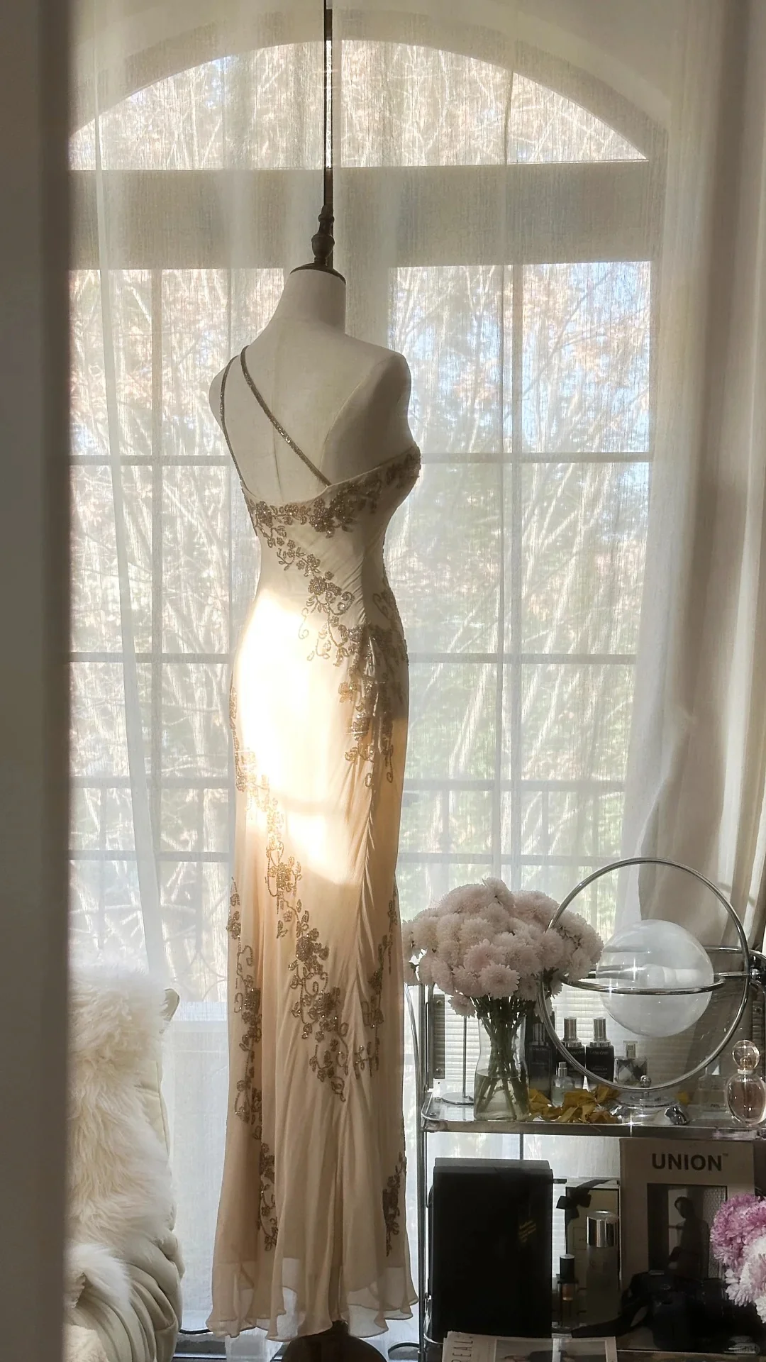 Elegant Champagne One Shoulder Beaded Chiffon Long Prom Dress P3337 - Image 2