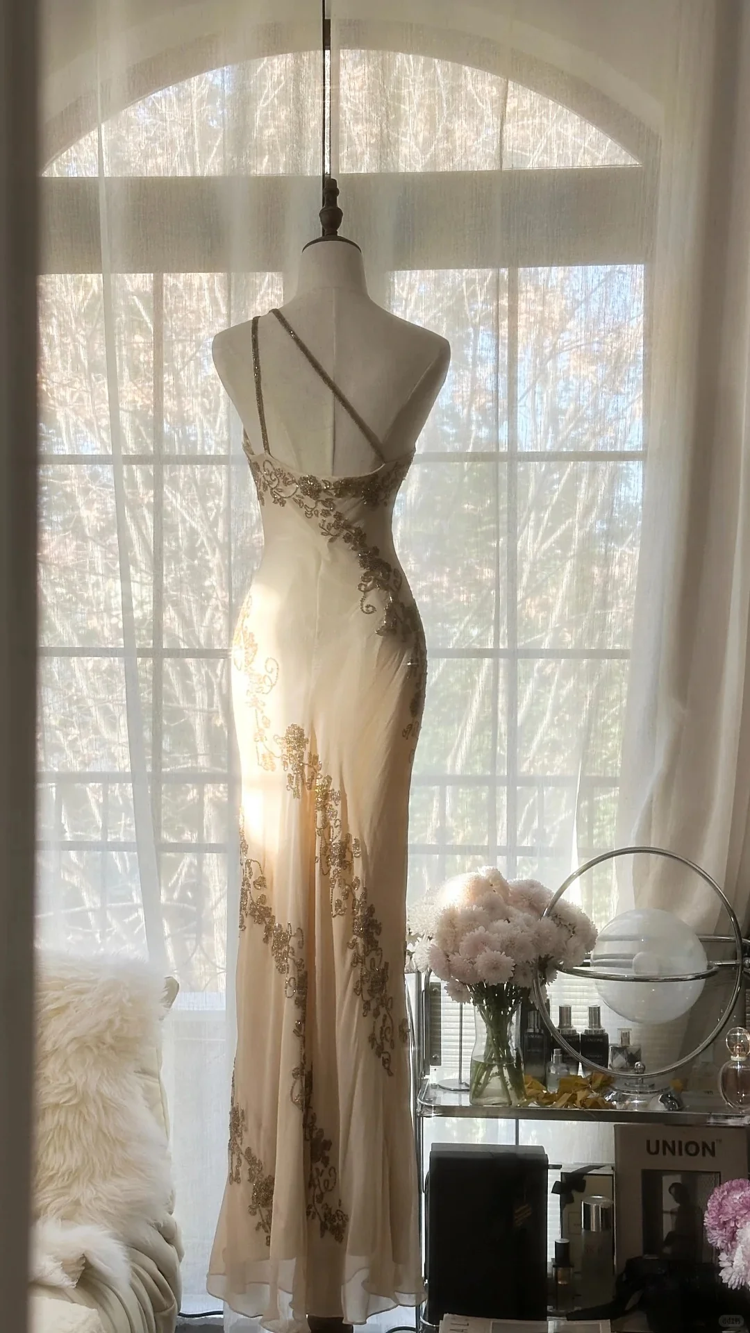 Elegant Champagne One Shoulder Beaded Chiffon Long Prom Dress P3337 - Image 3