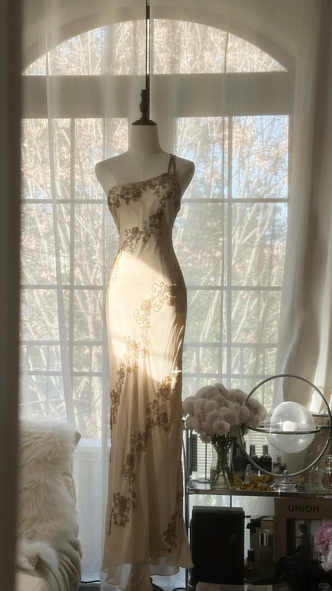 Elegant Champagne One Shoulder Beaded Chiffon Long Prom Dress P3337 - Image 4