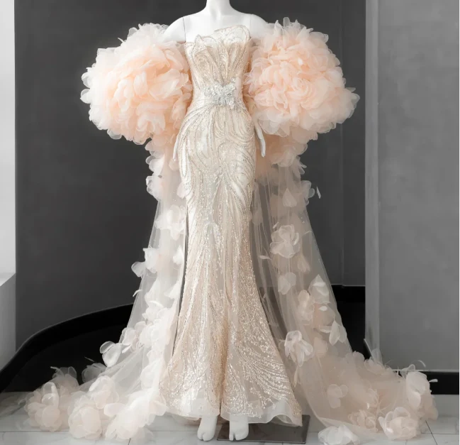 Elegant Champagne Pink Sequined Luxury Mermaid Wedding Dress P2888