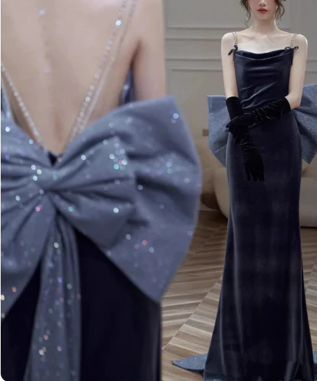 Elegant Charcoal Gray Spaghetti Strap Bow Backless Velvet Long Prom Dress Evening Dress P4590 - Image 4