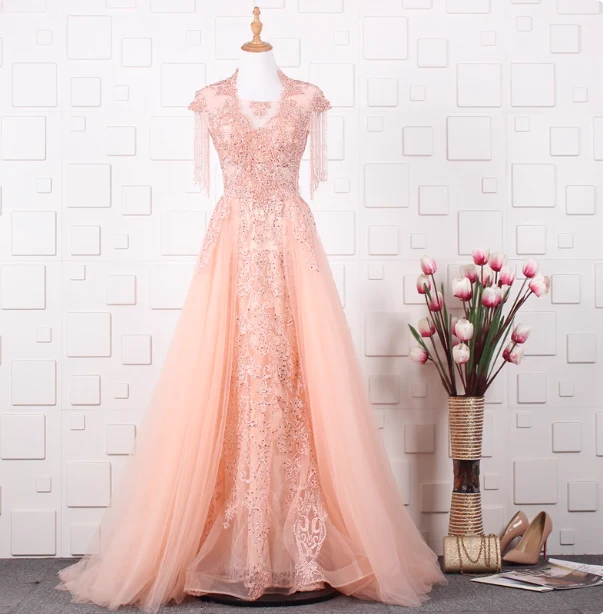 Elegant Court Grey Fringed Beaded Embroidered Tulle Train Prom Dress Evening Dress P4554 - Image 3