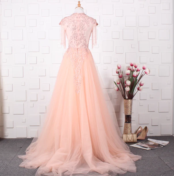 Elegant Court Grey Fringed Beaded Embroidered Tulle Train Prom Dress Evening Dress P4554 - Image 4
