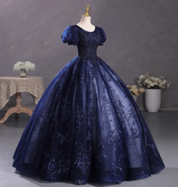 Elegant Court Navy Blue Crew Neck Puff Sleeve Embroidered Tulle Ball Gown Evening Dress Sweet 16 Dress P4400 - Image 2