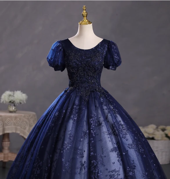 Elegant Court Navy Blue Crew Neck Puff Sleeve Embroidered Tulle Ball Gown Evening Dress Sweet 16 Dress P4400 - Image 3