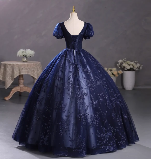 Elegant Court Navy Blue Crew Neck Puff Sleeve Embroidered Tulle Ball Gown Evening Dress Sweet 16 Dress P4400 - Image 4