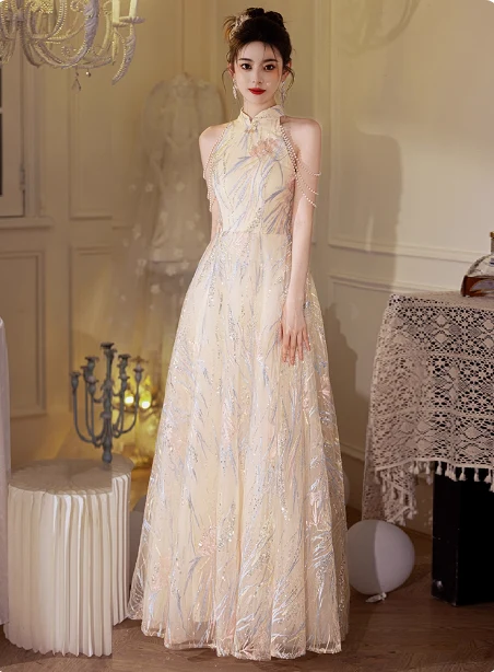 Elegant Cream Apricot A-Line Halter Neck Sequin Embroidered Pearl Fringe Tulle Long Prom Dress Evening Dress P4373 - Image 2