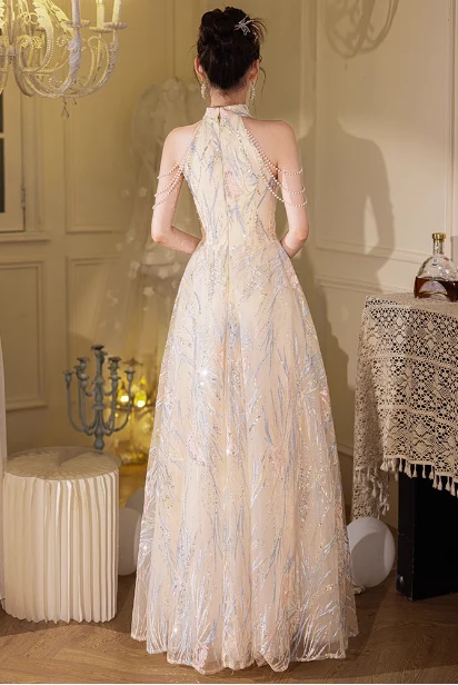 Elegant Cream Apricot A-Line Halter Neck Sequin Embroidered Pearl Fringe Tulle Long Prom Dress Evening Dress P4373 - Image 3