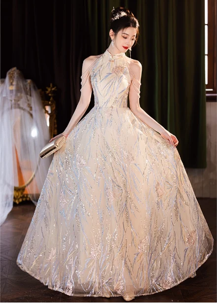 Elegant Cream Apricot A-Line Halter Neck Sequin Embroidered Pearl Fringe Tulle Long Prom Dress Evening Dress P4373 - Image 4