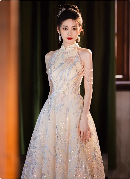 Elegant Cream Apricot A-Line Halter Neck Sequin Embroidered Pearl Fringe Tulle Long Prom Dress Evening Dress P4373 - Image 5