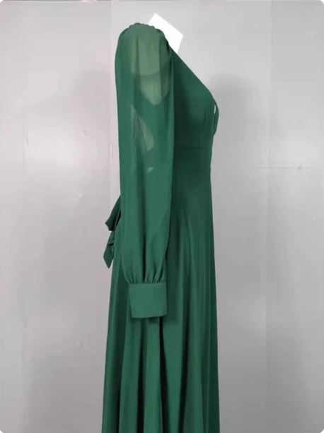 Elegant Deep Green A-line V-Neck Long-sleeved Backless Chiffon Long Prom Dress Evening Dress P4332 - Image 4