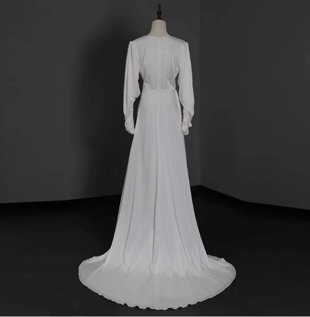 Elegant deep V-neck satin long sleeves high slit floor-length simple wedding dress P2650 - Image 3