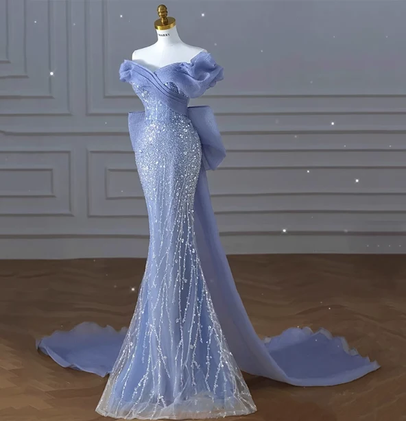 Elegant Dreamy Blue Mermaid Off-the-shoulder Bow Sequined Tulle Train Prom Dress Evening Dress P4458 - Image 2