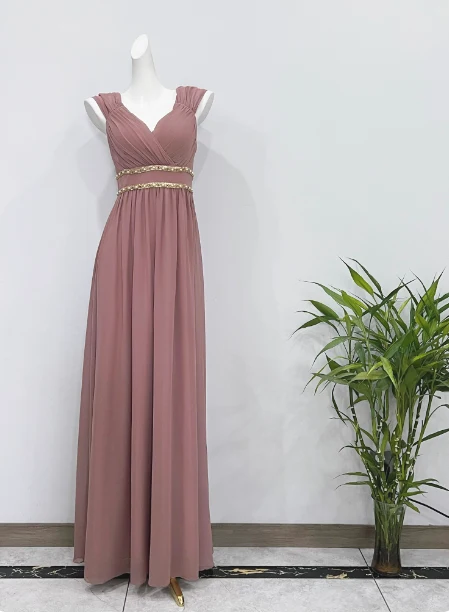 Elegant Dusty Pink A-Line Spaghetti Strap V-Neck Chiffon Long Prom Dress Evening Dress P4340 - Image 2