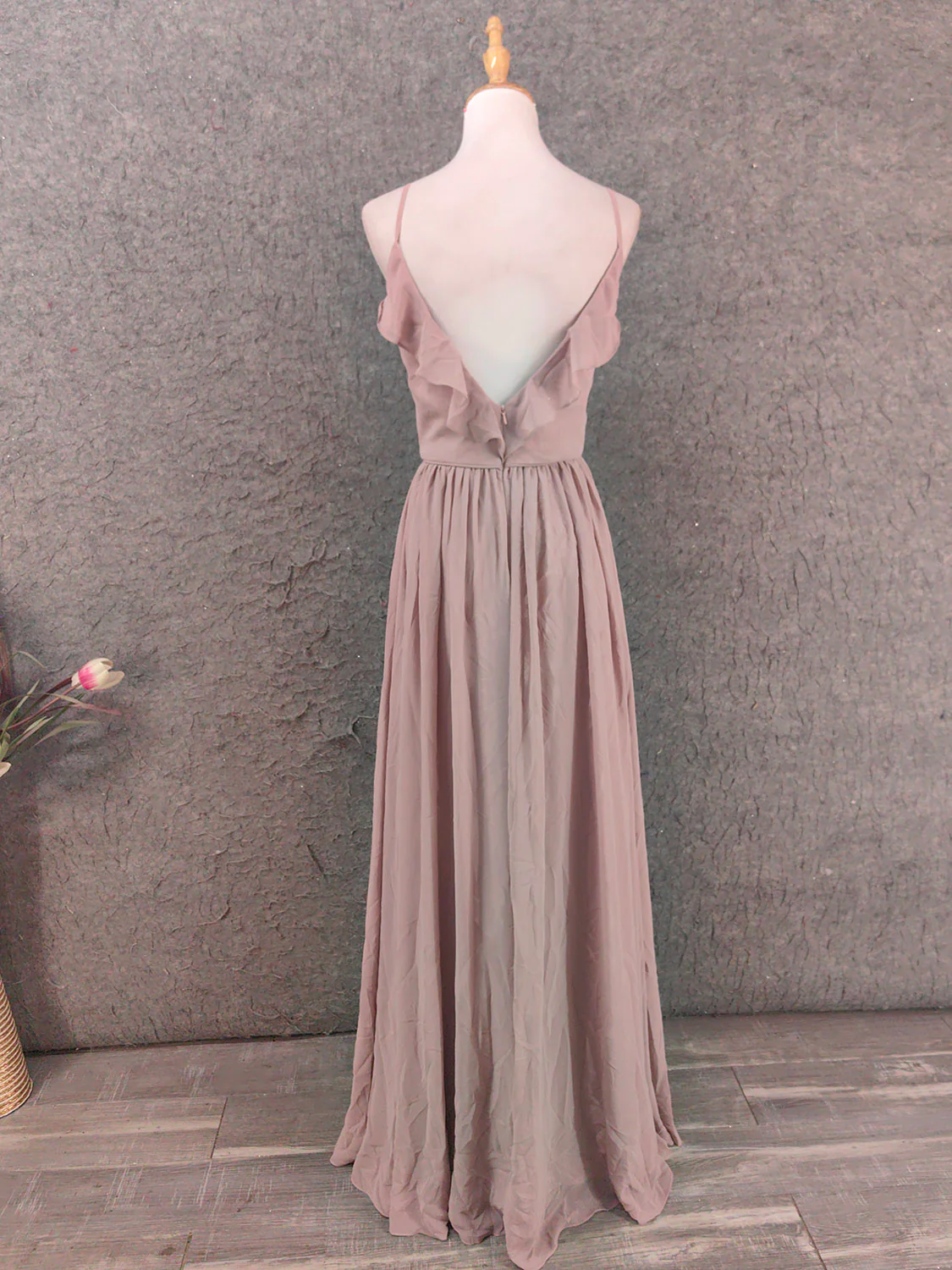 Elegant Dusty Pink Spaghetti Strap Ruffled Chiffon Long Prom Dress Evening Dress Bridesmaid Dress P4656 - Image 4