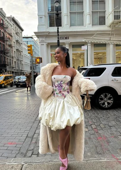 Elegant Embroidered Ivory Strapless Satin Flower Bud Birthday Dress Homecoming Dress P3940 - Image 3