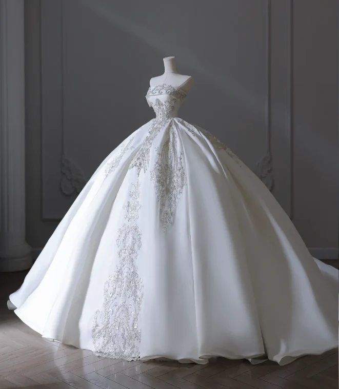 Elegant floor-length white strapless satin wedding dress with sparkling beads P2553