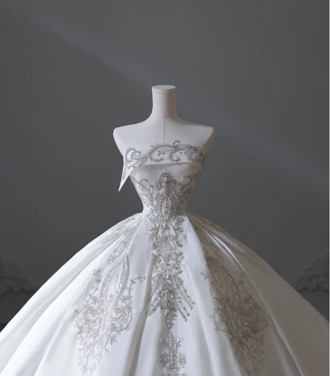 Elegant floor-length white strapless satin wedding dress with sparkling beads P2553 - Image 3