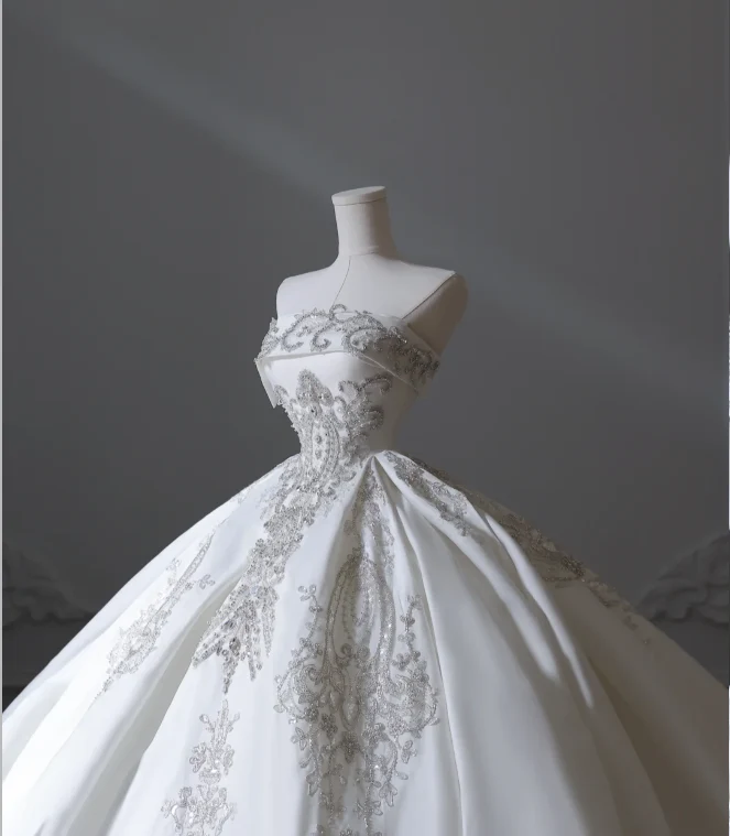 Elegant floor-length white strapless satin wedding dress with sparkling beads P2553 - Image 4
