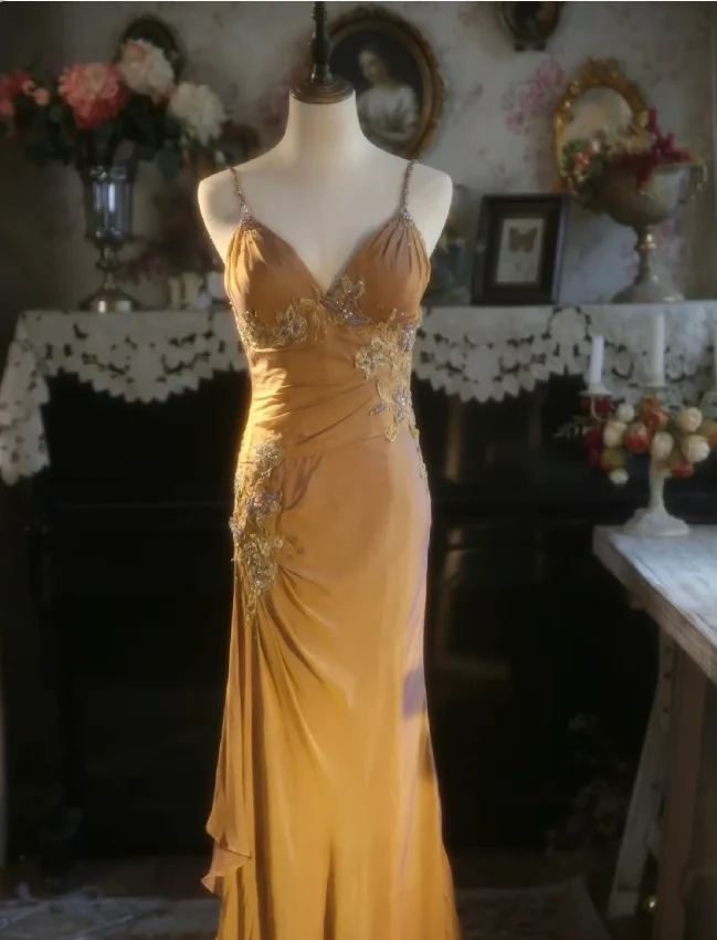 Elegant Ginger Yellow Mermaid V-neck Beaded Embroidered Satin Prom Dress Evening Dress P4299 - Image 2