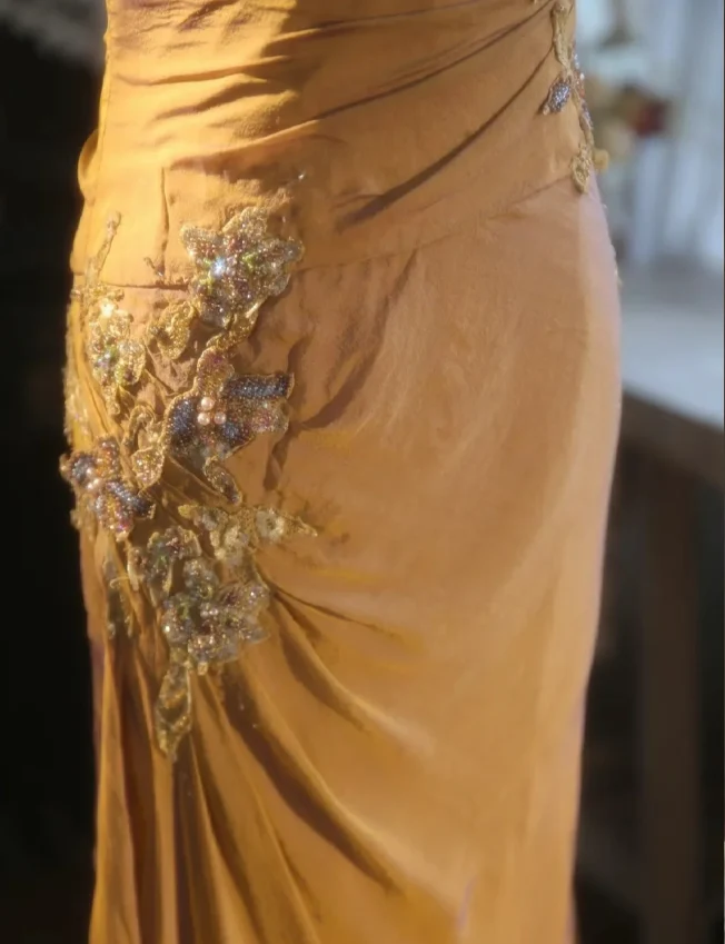 Elegant Ginger Yellow Mermaid V-neck Beaded Embroidered Satin Prom Dress Evening Dress P4299 - Image 5