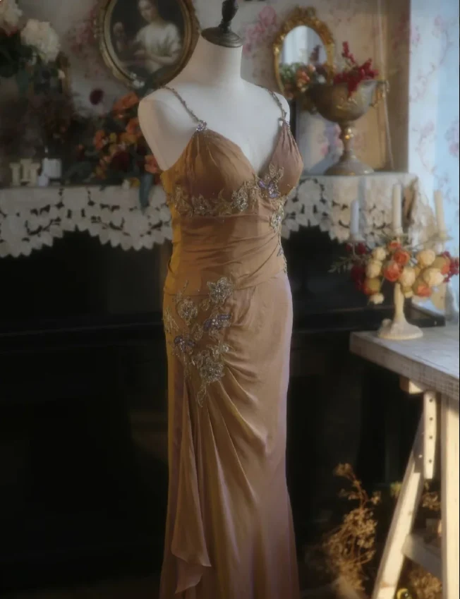 Elegant Ginger Yellow Mermaid V-neck Beaded Embroidered Satin Prom Dress Evening Dress P4299 - Image 7