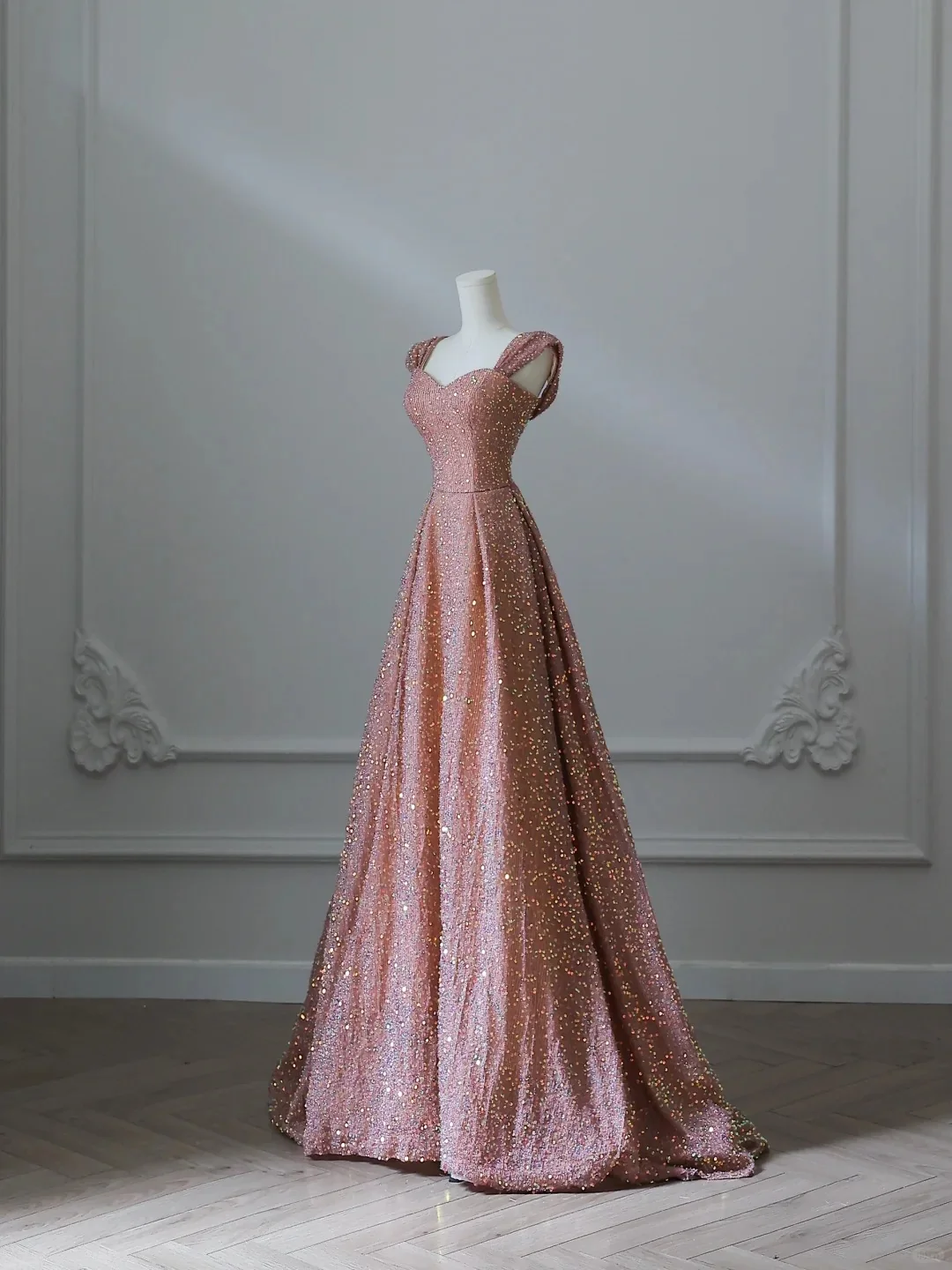 Elegant golden pink A-line wedding dress with sequins P2531 - Image 2