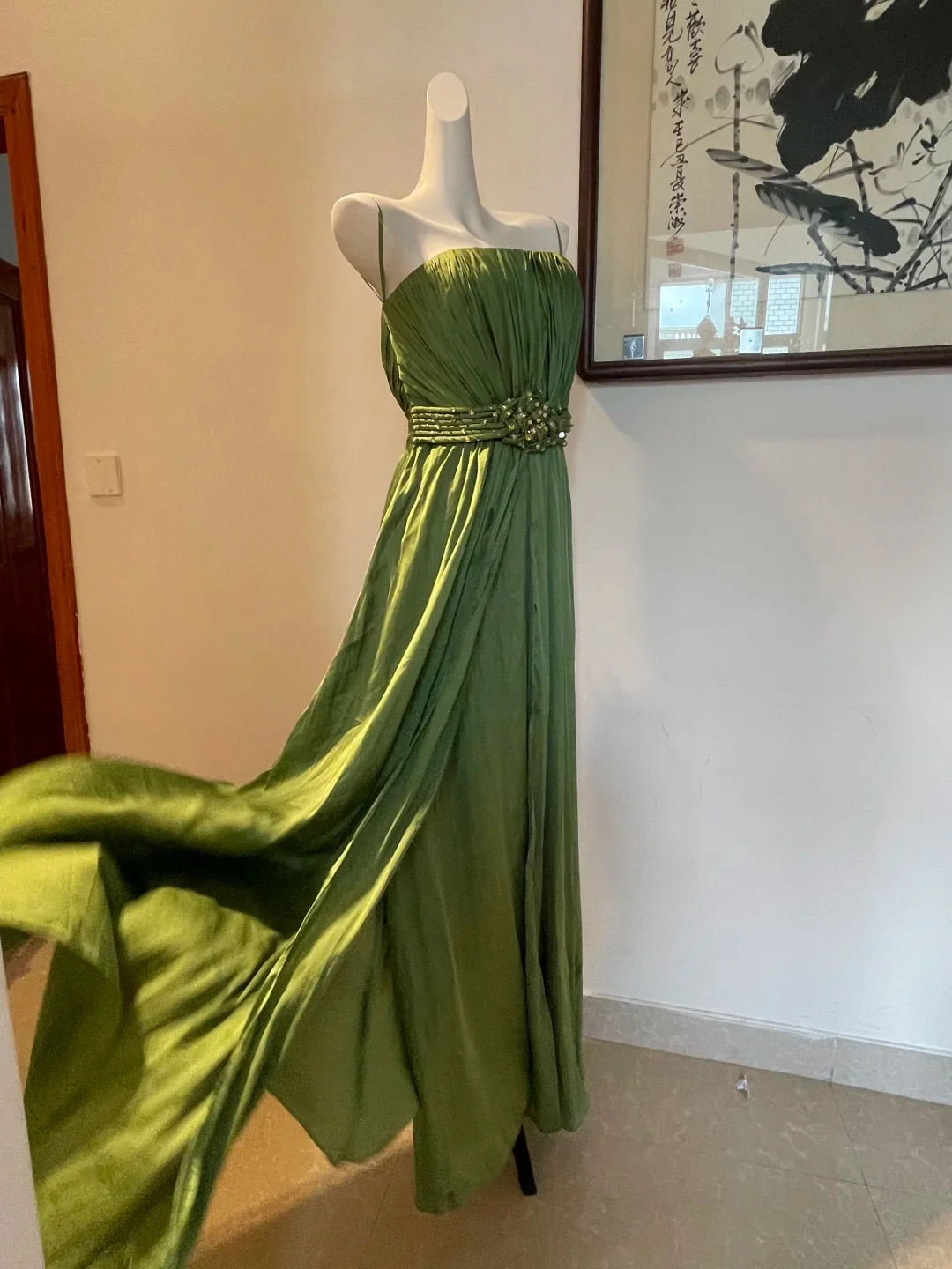 Elegant Green A-line Spaghetti Strap Pleated Beaded Satin Long Prom Dress Evening Dress Bridesmaid Dress P4269 - Image 2