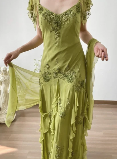 Elegant Green Embroidered Flying Sleeve Chiffon Prom Dress P3806 - Image 6